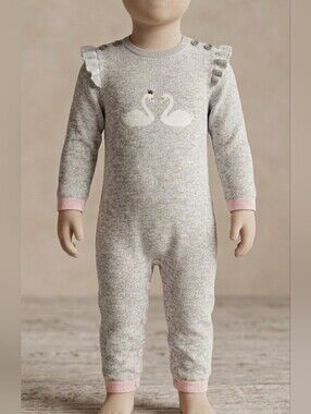 Deux Par Deux Ruffle Swan Sweater Romper With Buttons